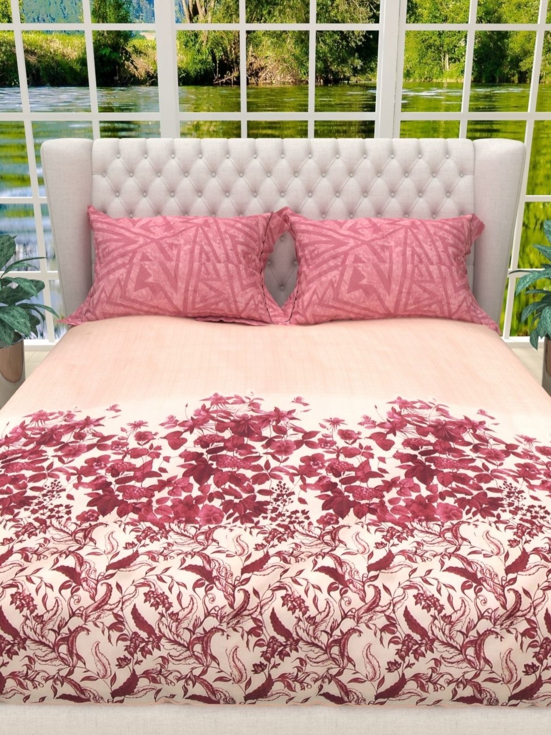 

THE WHITE MOSS Pink & Beige 130 TC Cotton King Bedsheet with 2 Pillow Covers 2 x 2mt