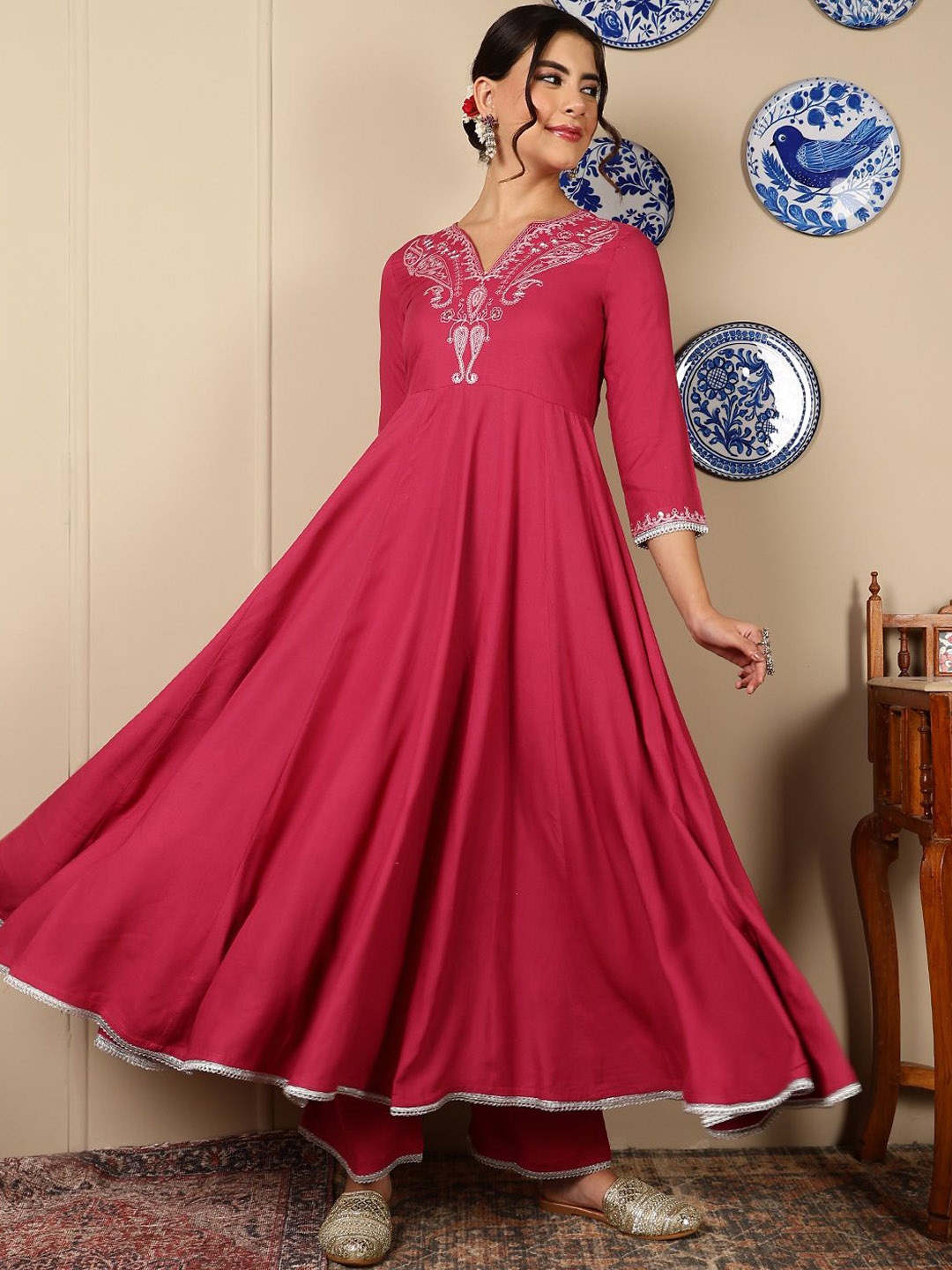 

GULMOHAR JAIPUR Paisley Embroidered Anarkali Kurta With Palazzo & Dupatta, Pink