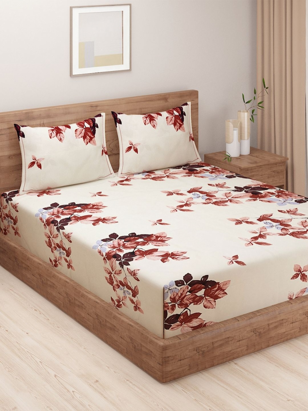 

SWAYAM Cream-Coloured & Brown Floral Printed 160 TC King Bedsheet Set 2.28 m x 2.54 m