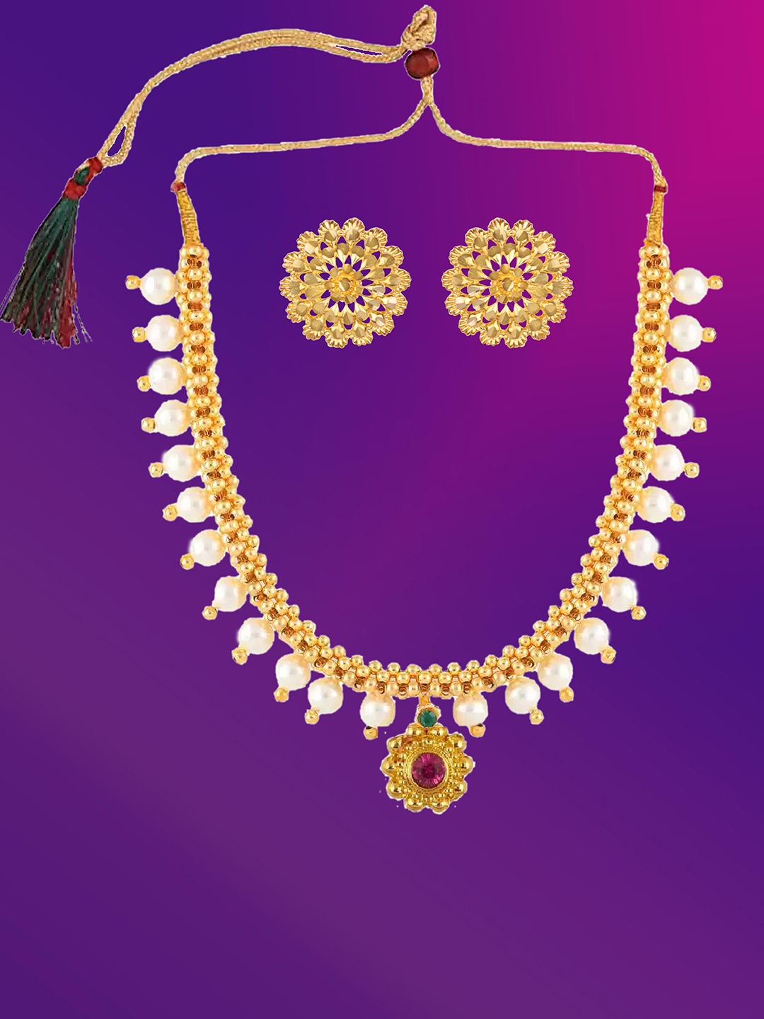 

Lila Gold-Plated Stone-Studded & Beaded Jewellery Set