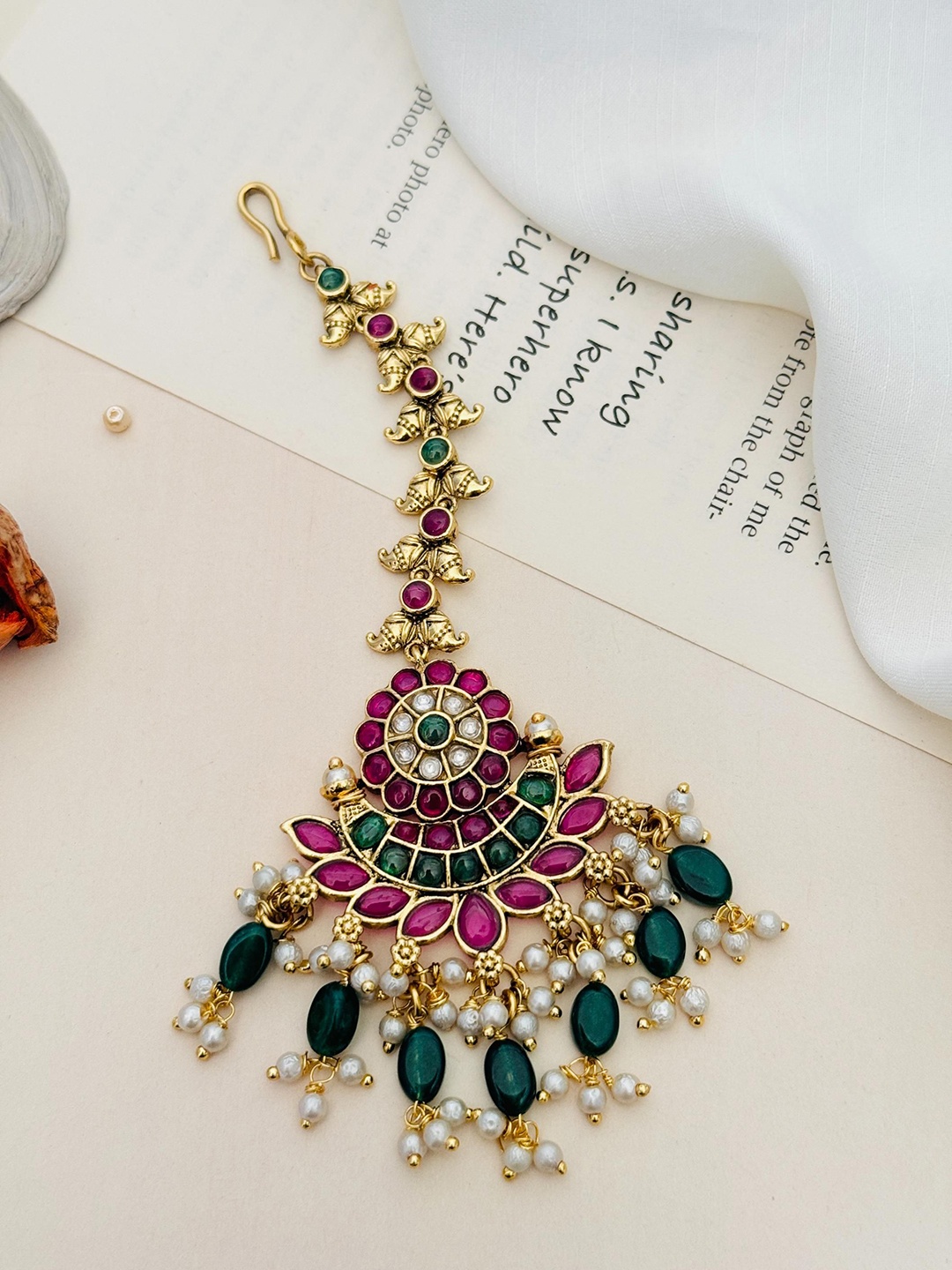 

ABDESIGNS Gold-Plated Stone Studded and Beaded Temple Maang Tikka