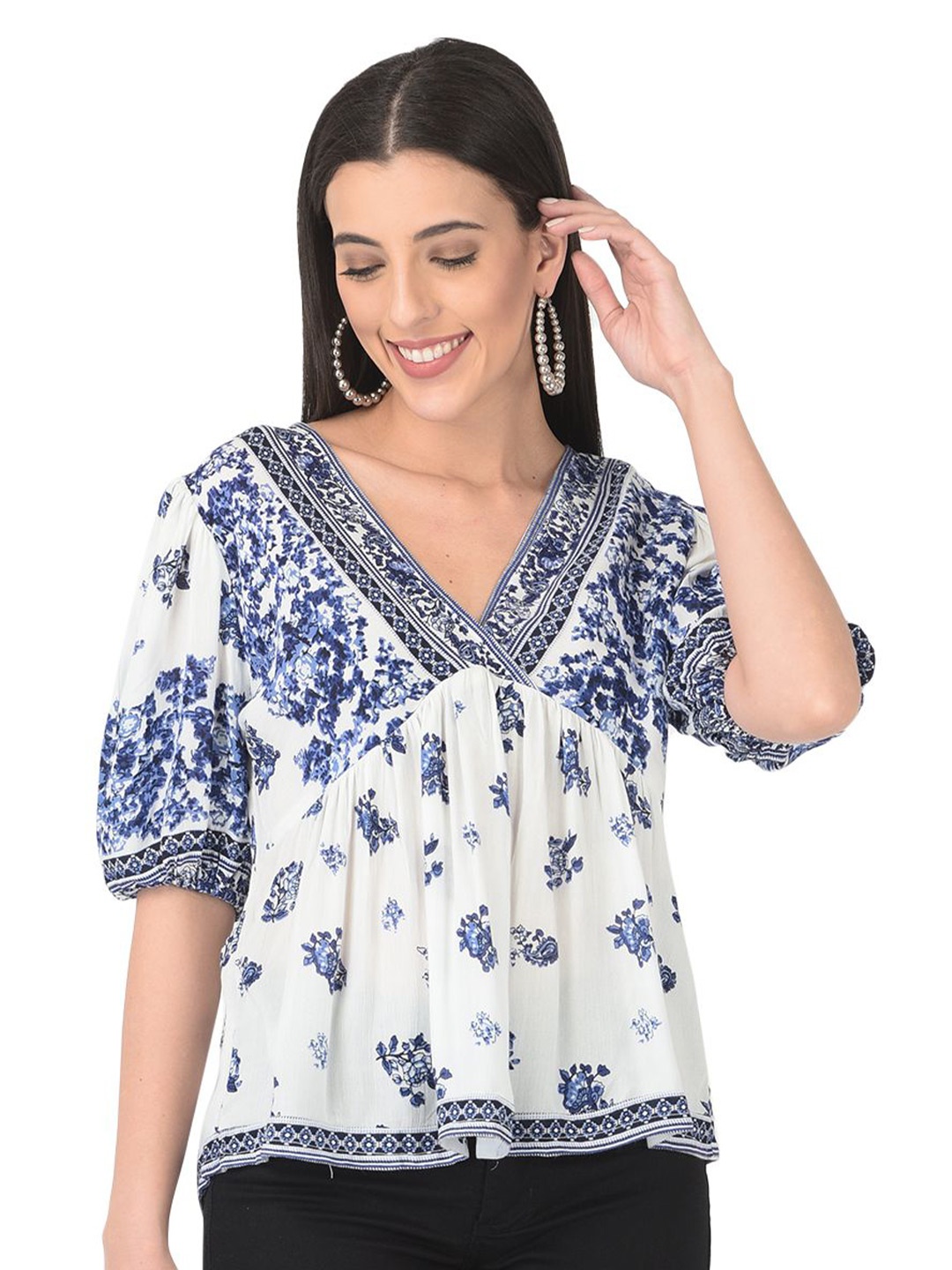 

VELDRESS Women Floral Print Top, Blue