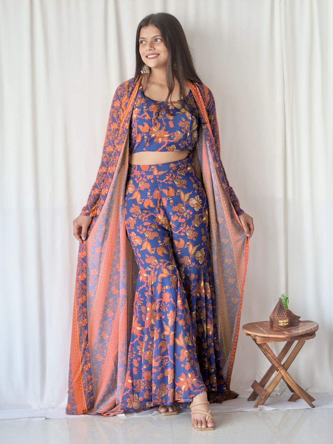 

Janasya Floral Printed Round Neck Top With Palazzos, Navy blue