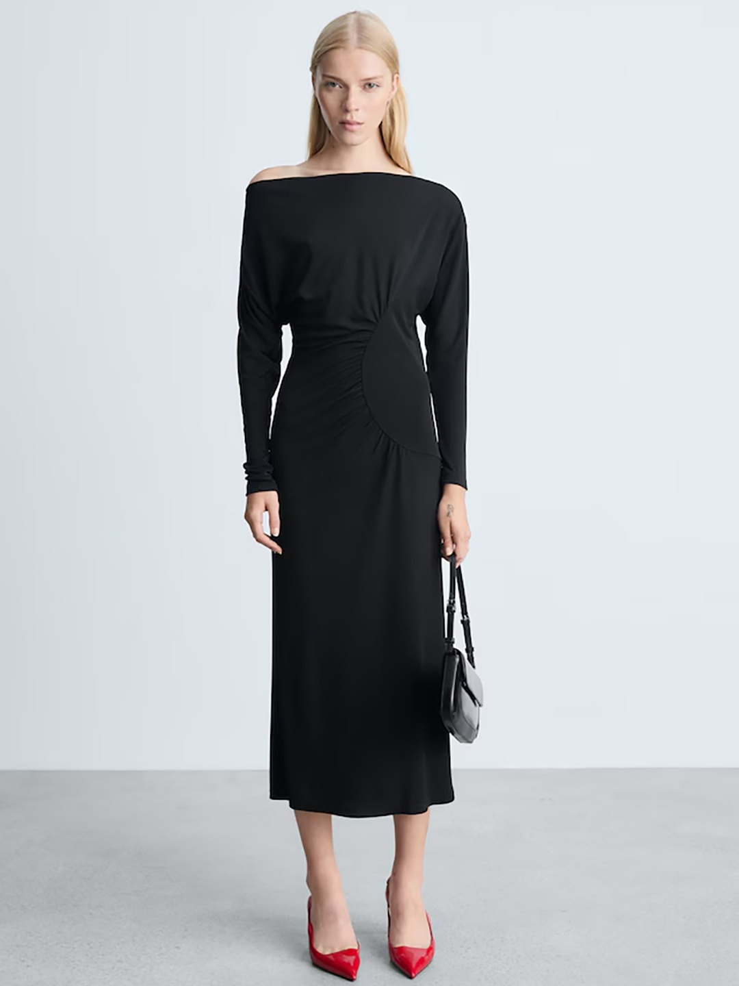 

MANGO Off-Shoulder Sheath Midi Dress, Black