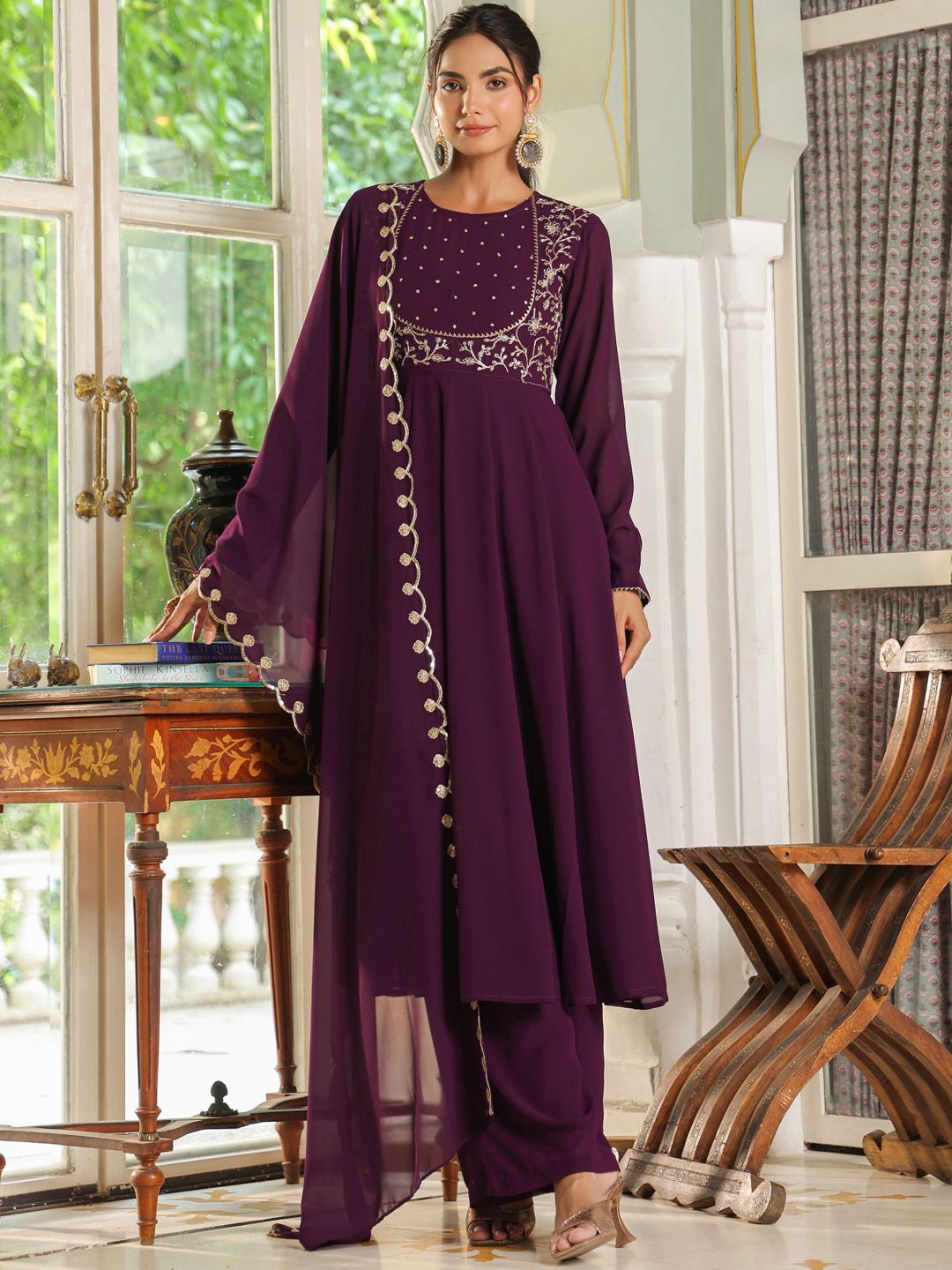 

Janasya Embroidered Thread Work Anarkali Kurta with Palazzos & Dupatta, Purple