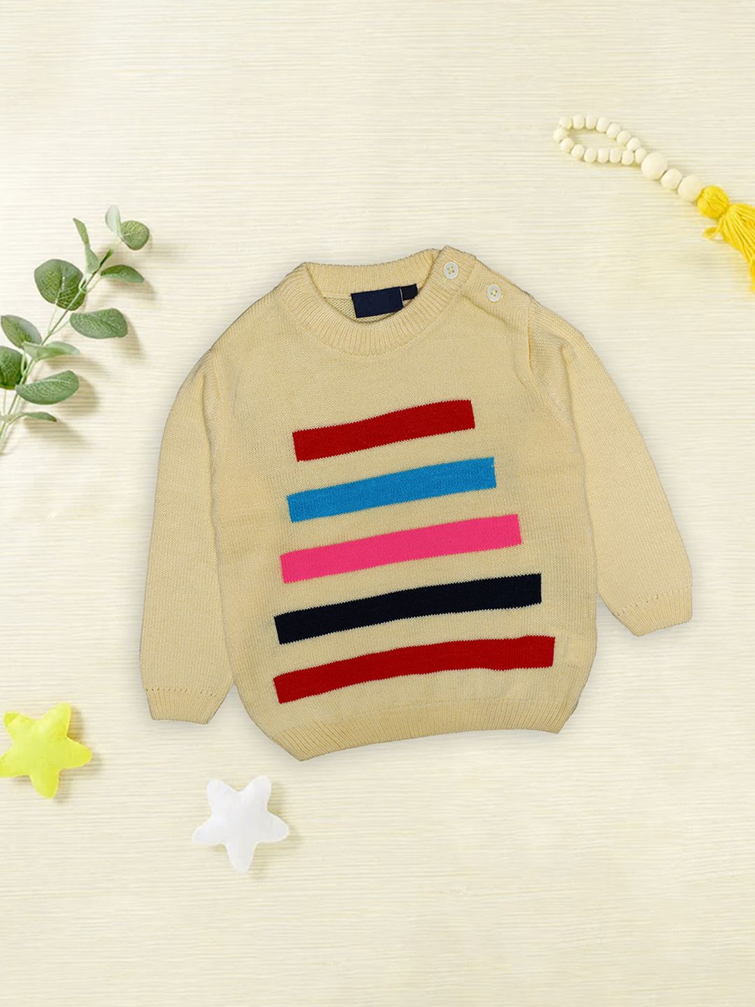 

CHKOKKO Girls Colourblocked Woollen Pullover, Cream