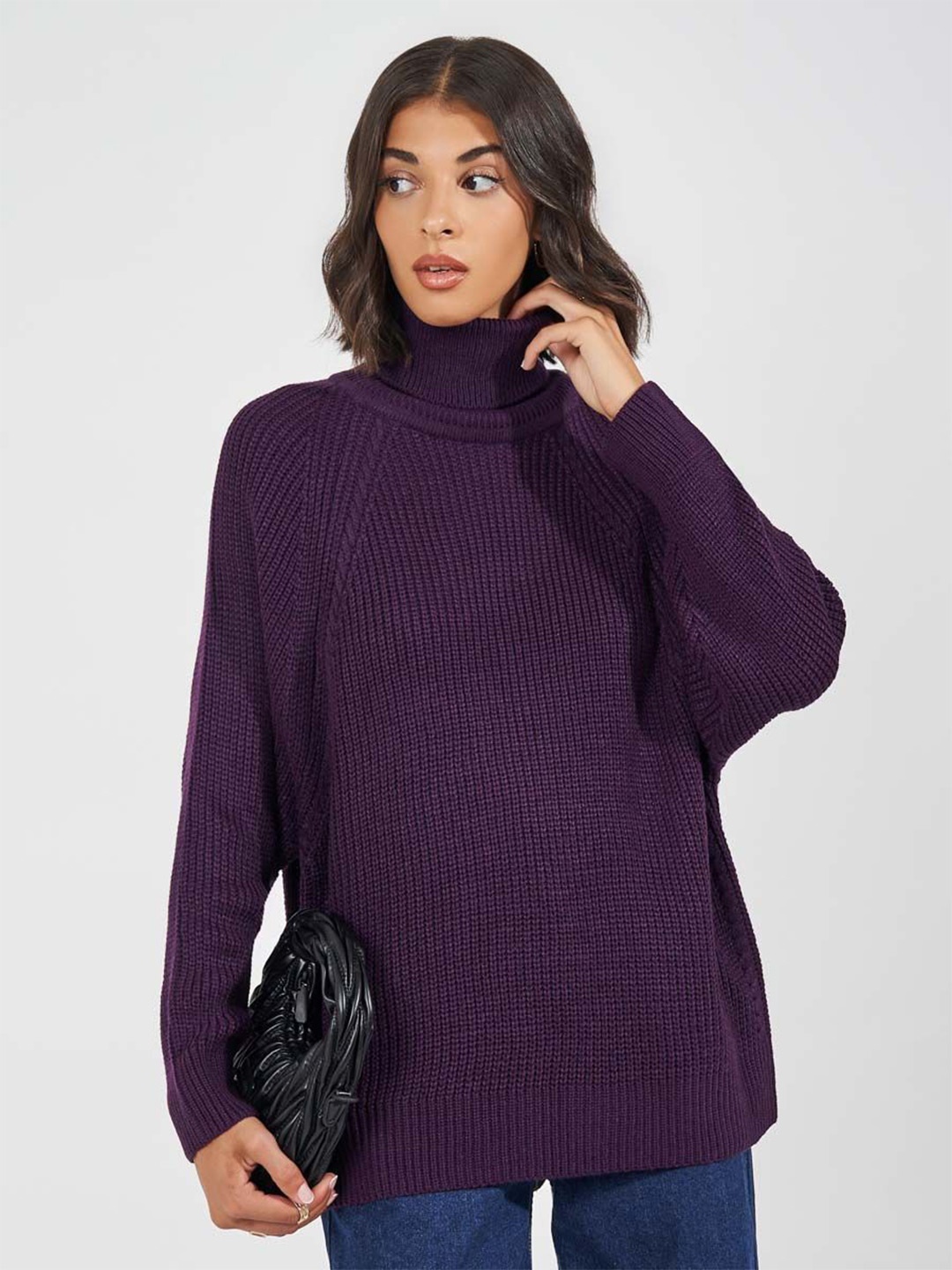 

Styli Women Boxy Fit Regular Length Chunky Knit Turtle Neck Sweater, Purple