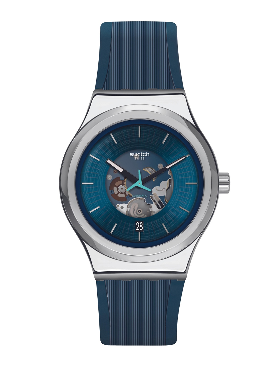 

Swatch Unisex Skeleton Dial & Bracelet Style Straps Analogue Automatic Motion Powered Watch, Blue