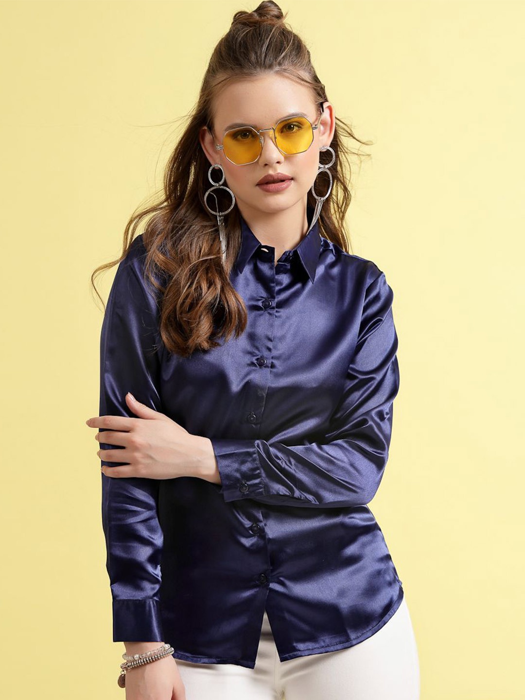 

BEING NAUGHTY Women Comfort Spread Collar Solid Party Shirt, Blue