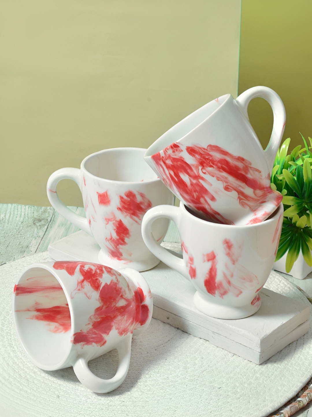 

FABINALIV White & Red 4 Pieces Abstract Printed Ceramic Glossy Mugs 280 ml each