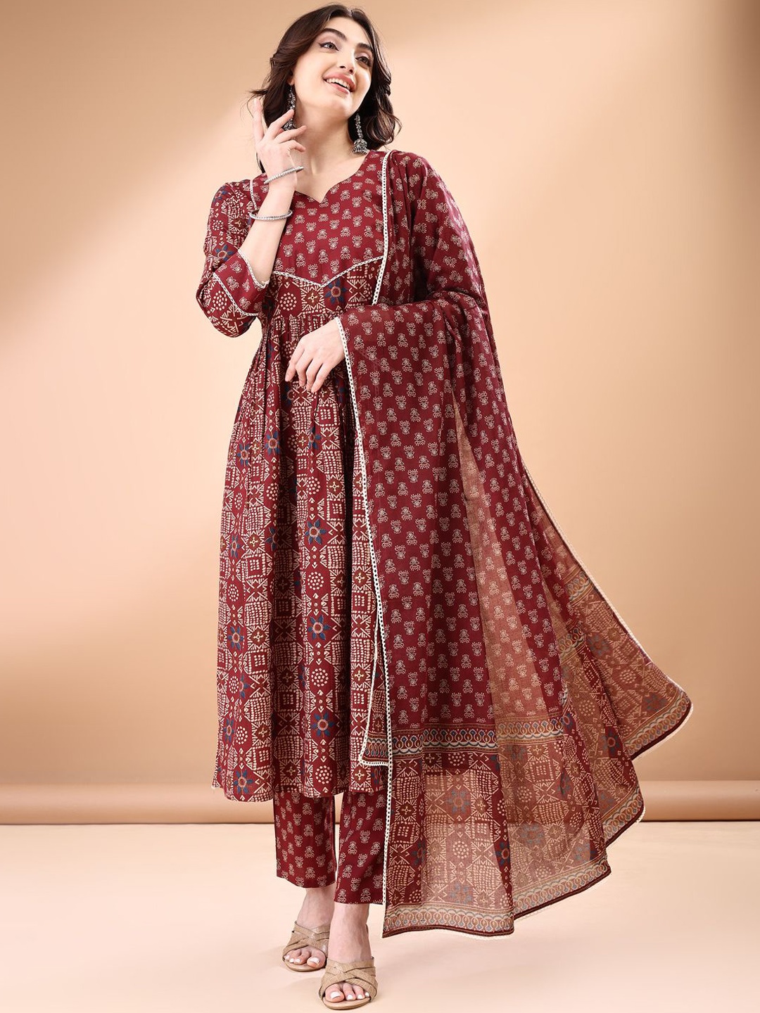 

Anouk Ethnic Motifs Printed Regular Pure Cotton Anarkali Kurta With Trouser With Dupatta, Maroon