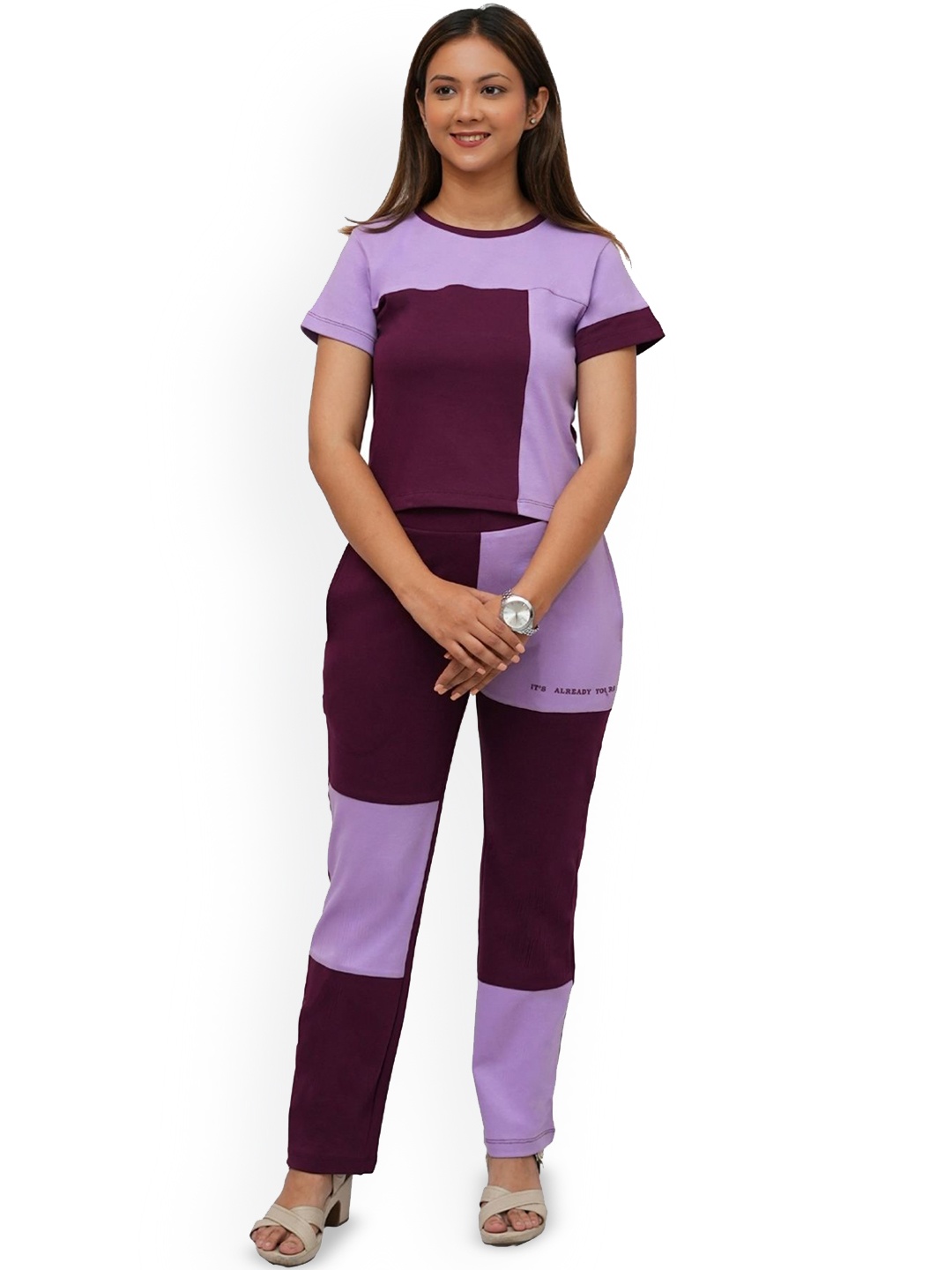 

PUREMIST Round Neck Colourblock Top With Trouser, Burgundy