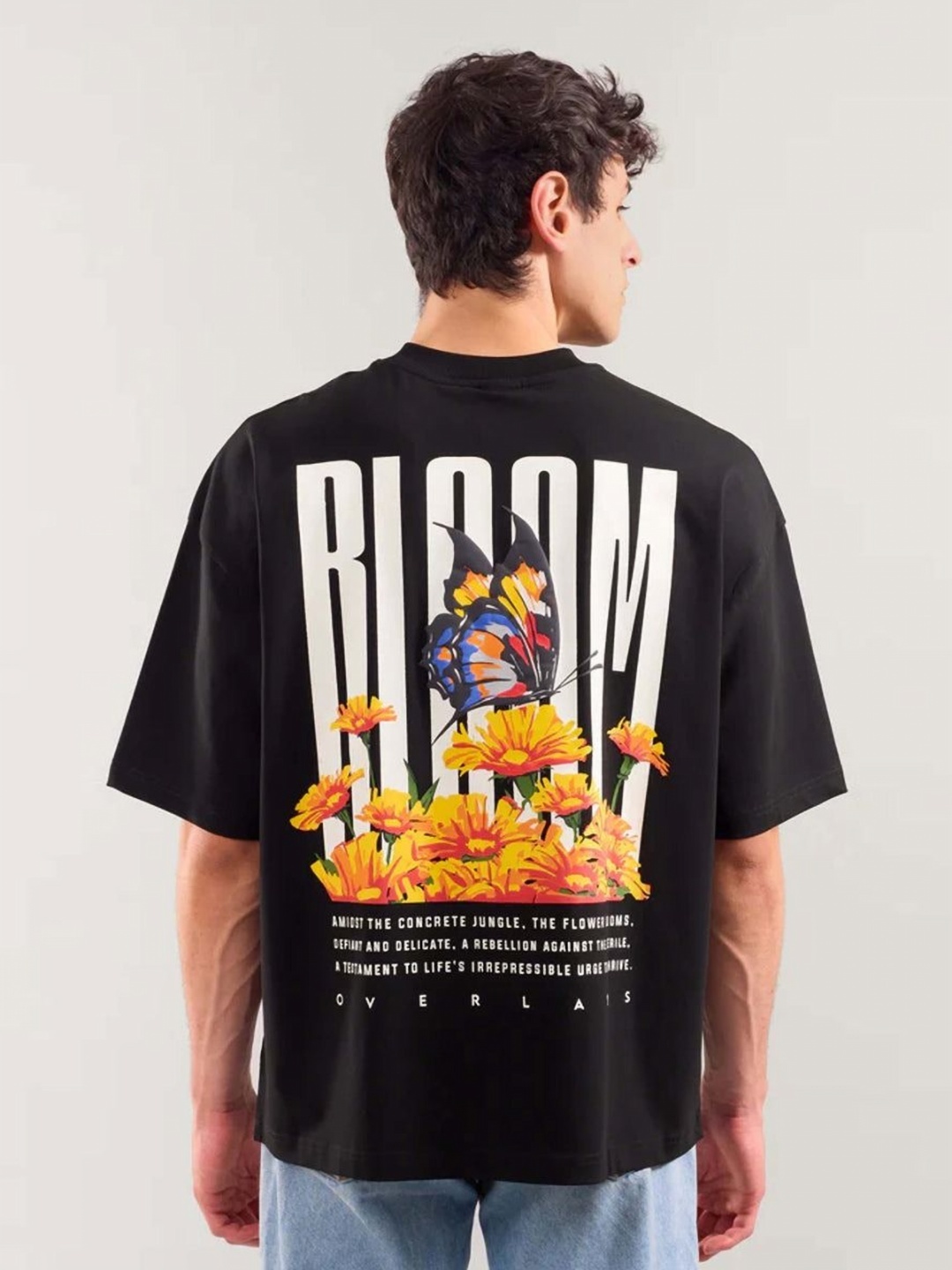 

Overlays Men Graphic Printed Round Neck Cotton Oversized T-shirt, Black