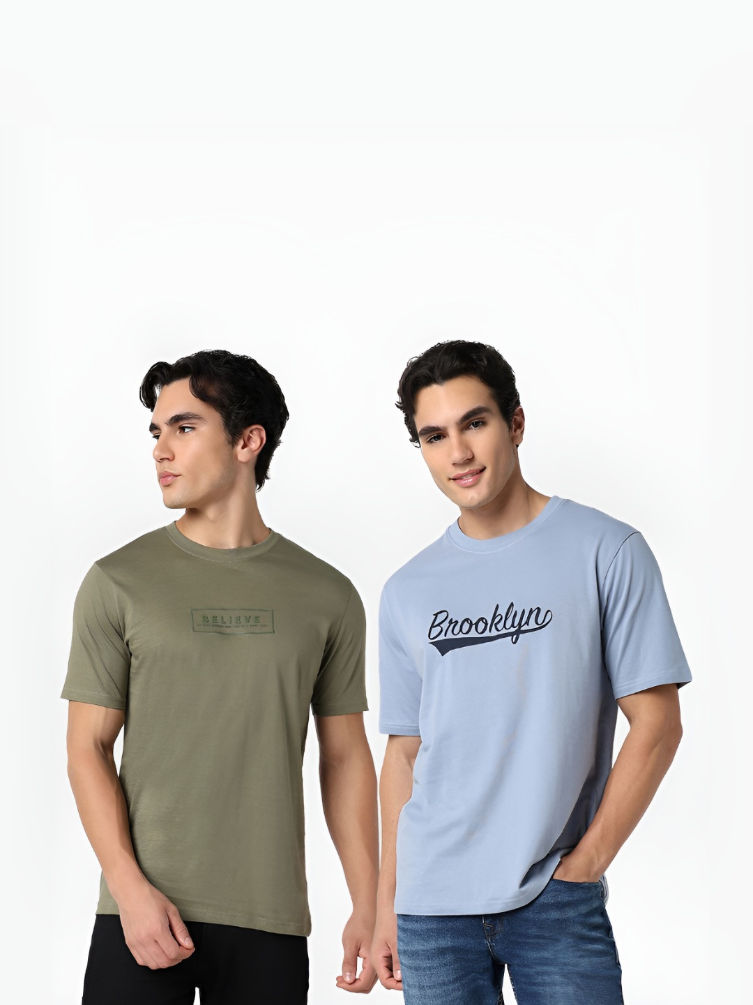 

R&B Men Pack Of 2 Typography Printed Round Neck Cotton T-shirts, Olive