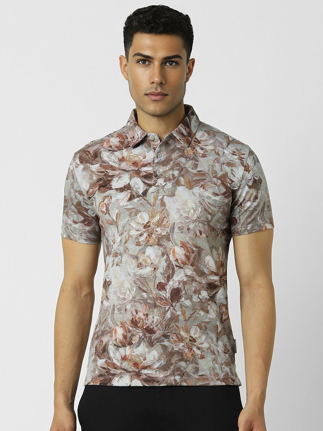 

V Dot Men Floral Printed Polo Collar Cotton Slim Fit T-shirt, Grey