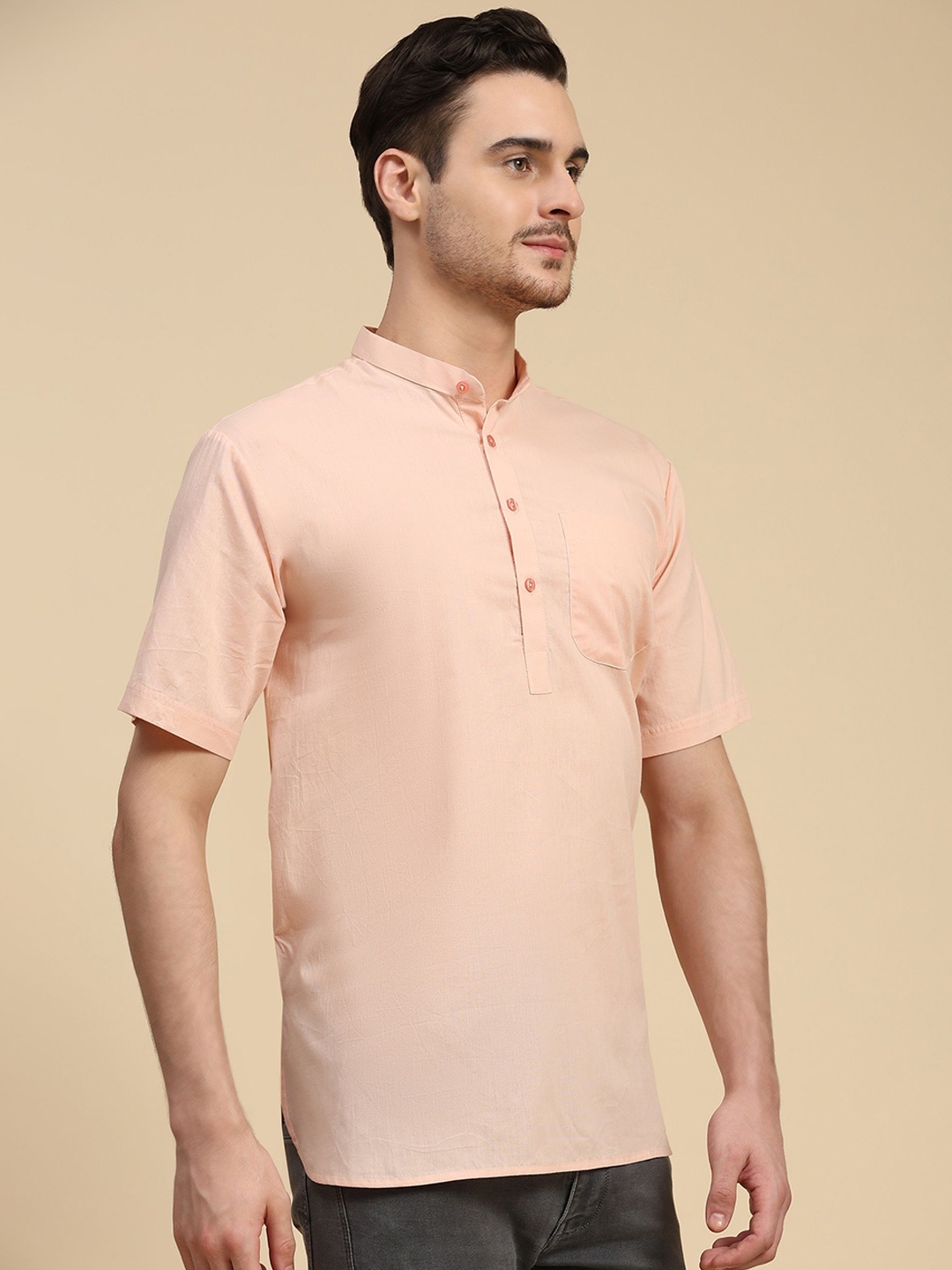 

SKAVIJ Mandarin Collar Cotton Short Straight Kurta, Pink