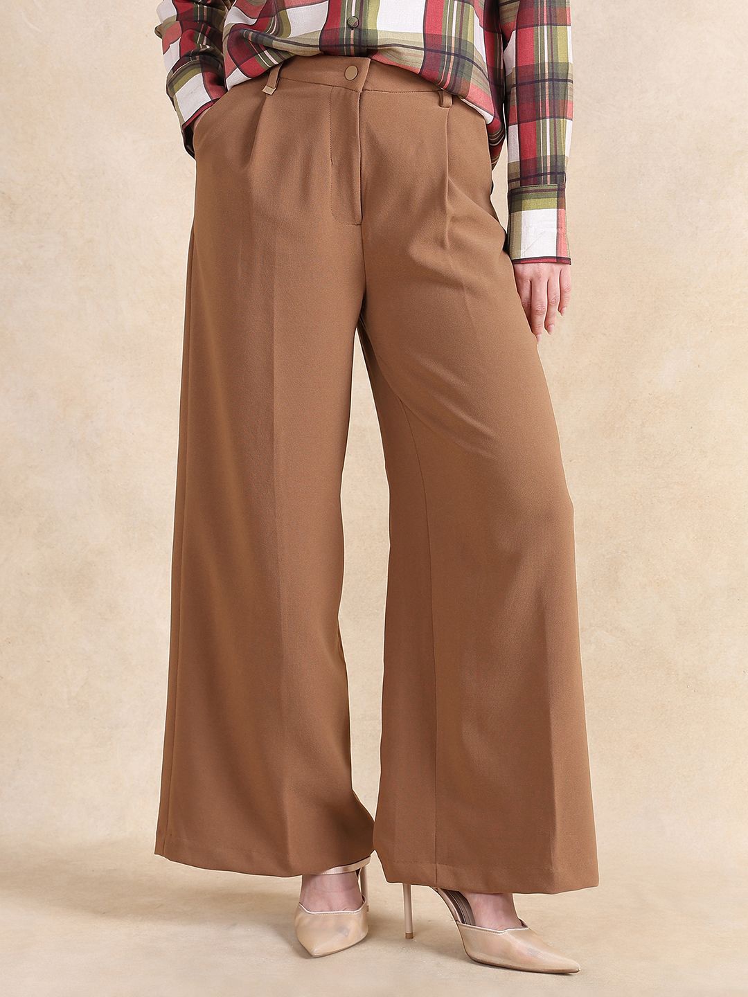 

RAREISM Women Tailored High-Rise Pleated Trousers, Brown