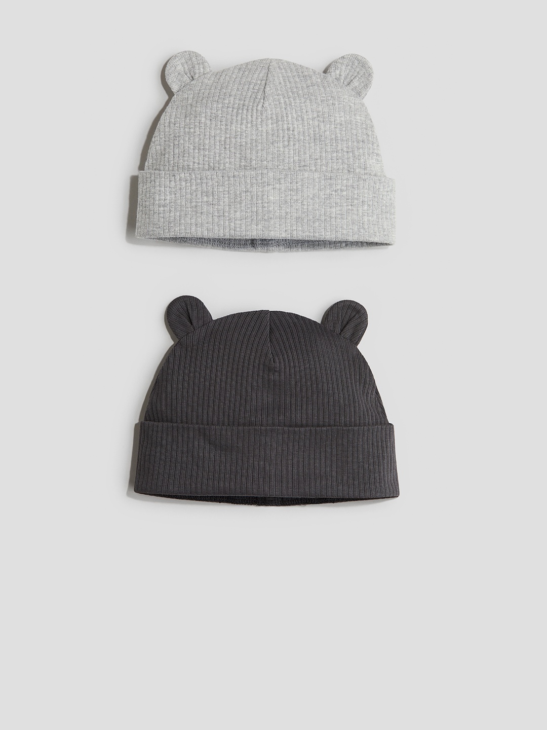 

H&M Boys 2-Pack Ribbed Ear-Detail Beanie, Grey