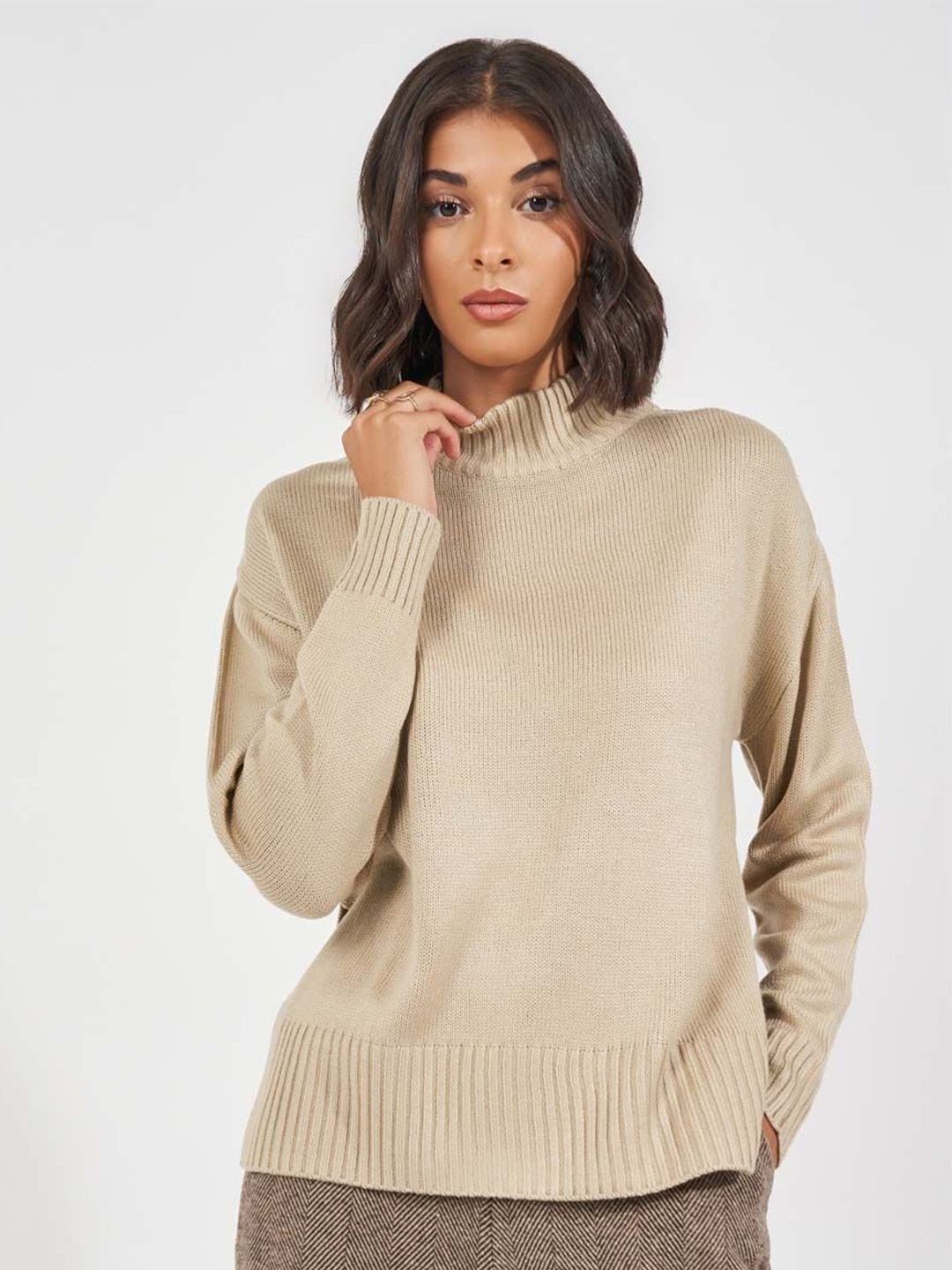 

Styli Women Solid High Neck Boxy Fit Sweater, Beige