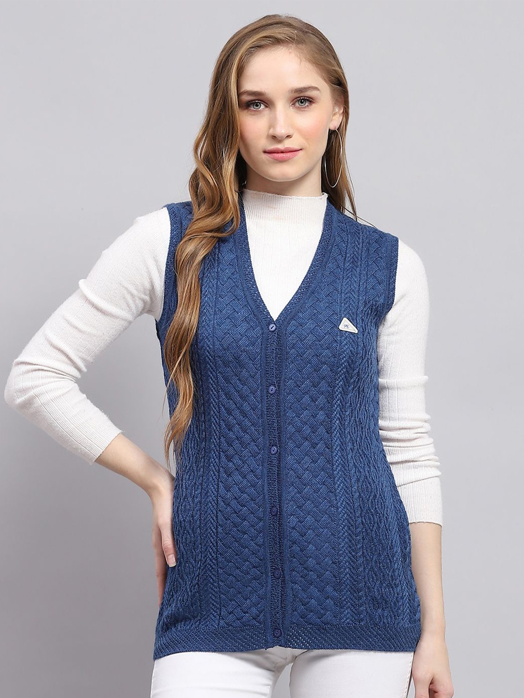 

Monte Carlo Women Woollen Sleeveless Cardigan, Blue