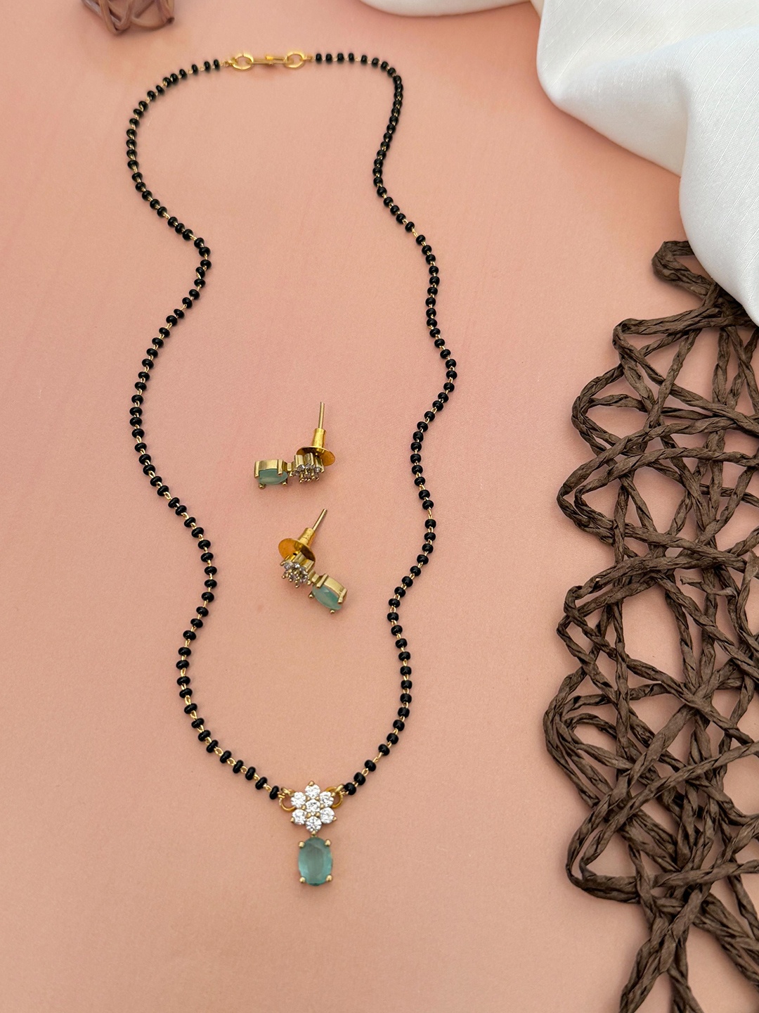 

ABDESIGNS Gold-Plated American Diamond Studded & Beaded Mangalsutra With Earrings