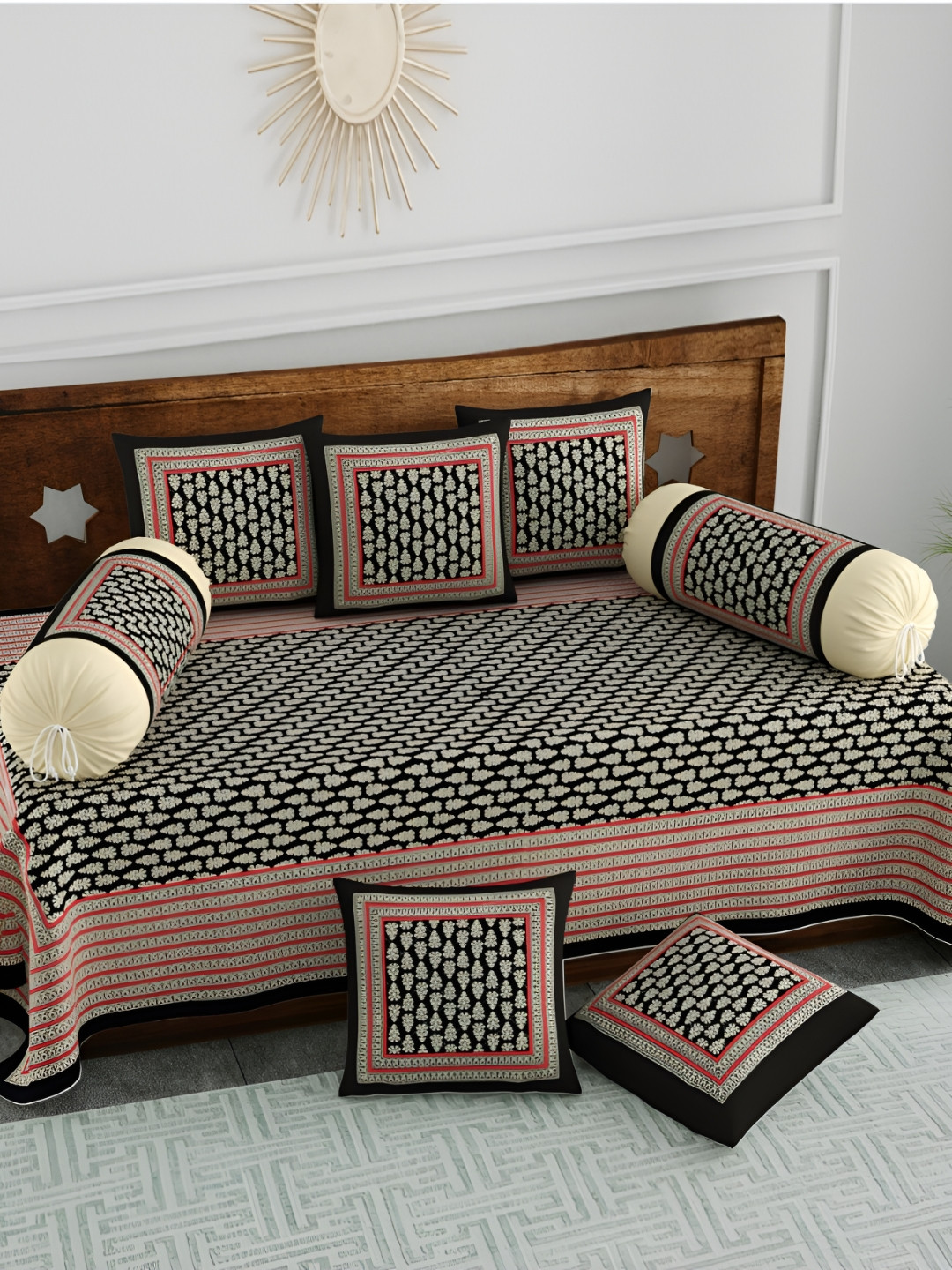 

The Craft Monk Black & Beige 8 Pieces Printed Pure Cotton Diwan Set