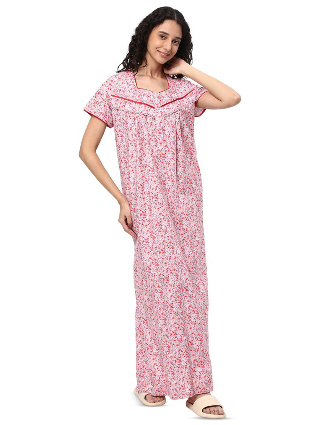 

KOVIRA Women Pure Cotton Printed Maxi Nightdress, Pink