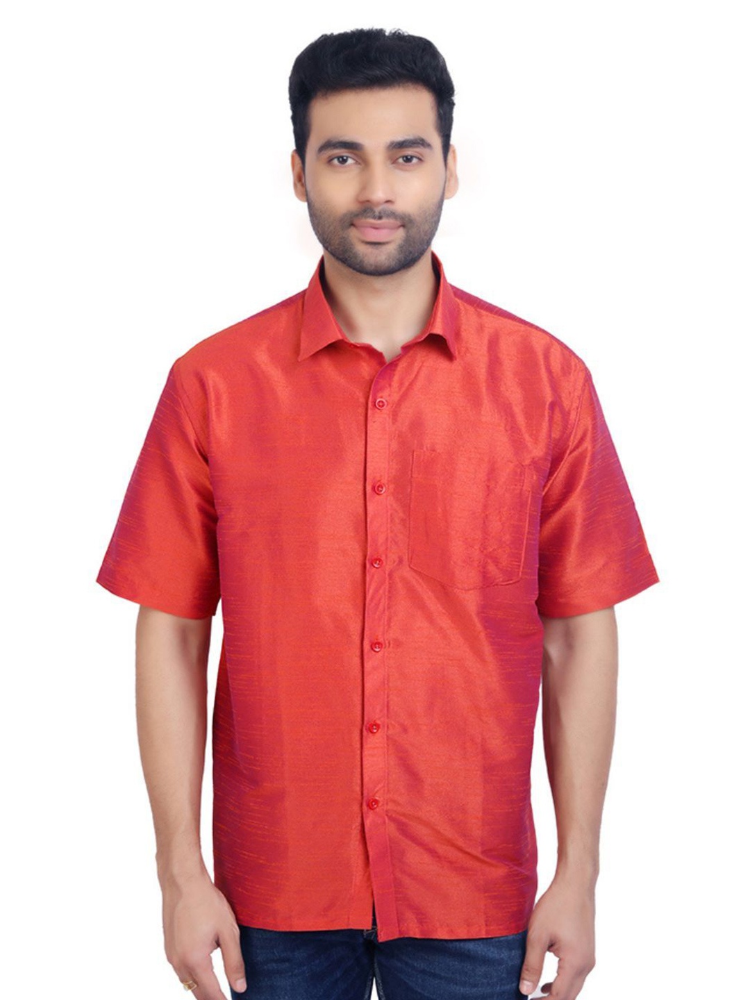 

Ethazh Men Spread Collar Solid Silk Casual Shirt, Red