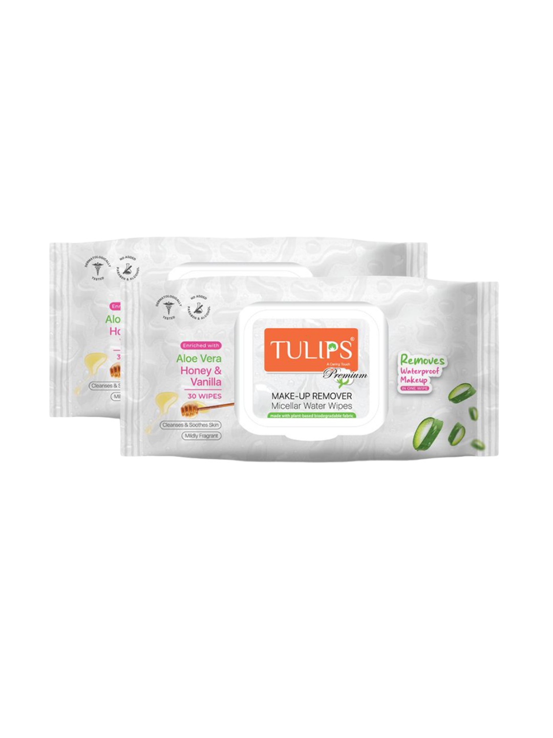

TULIPS Premium Set Of 2 Makeup Remover Micellar Water Wipes- 30 Pcs Each, White