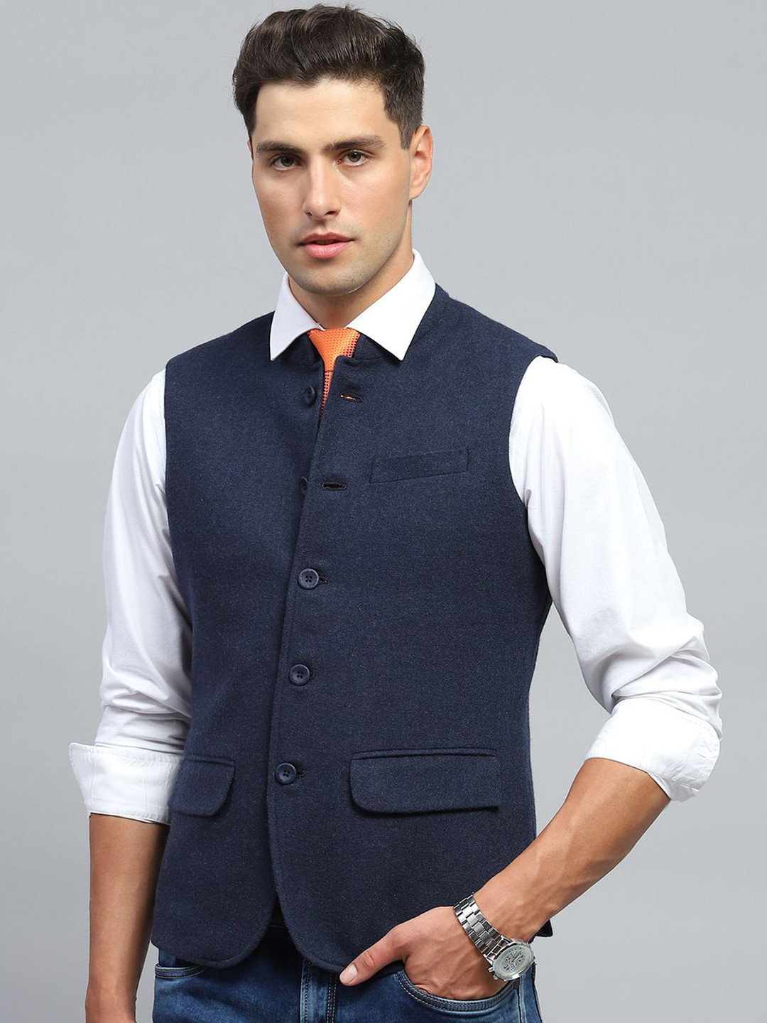 

Monte Carlo Men Mandarin Collar Solid Wool Casual Tailored Jacket, Navy blue