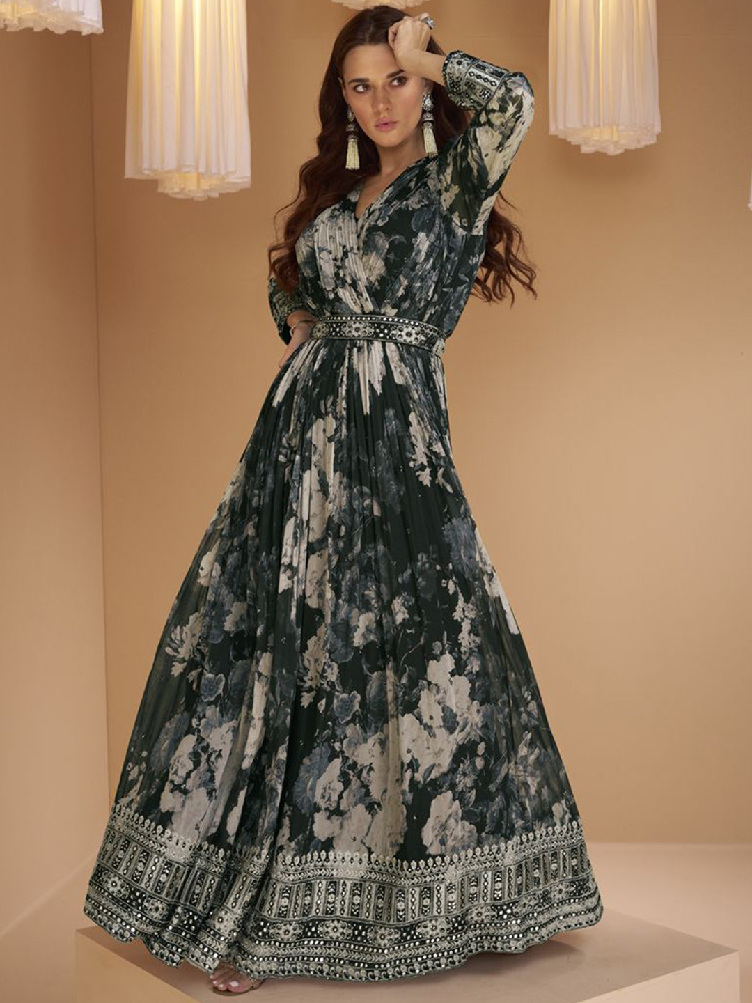 

ASISA Floral Printed Georgette Fit and Flare Ethnic Dress With Dupatta, Olive