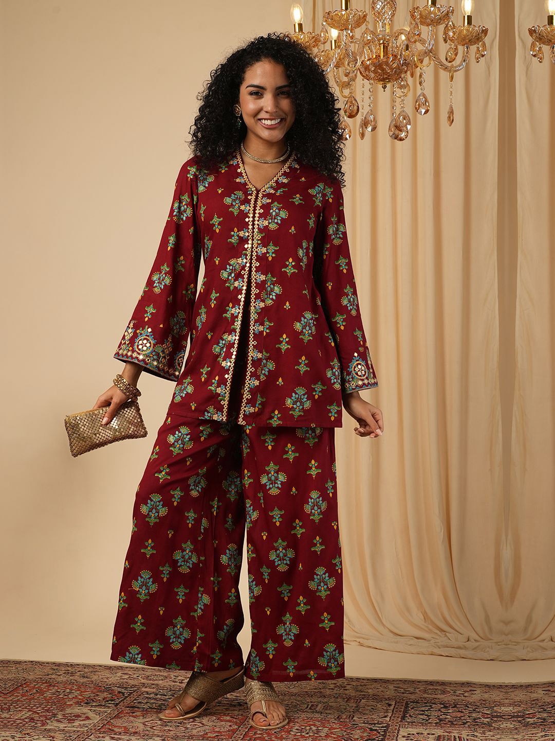 

Globus Floral Printed Tunic With Palazzo, Maroon