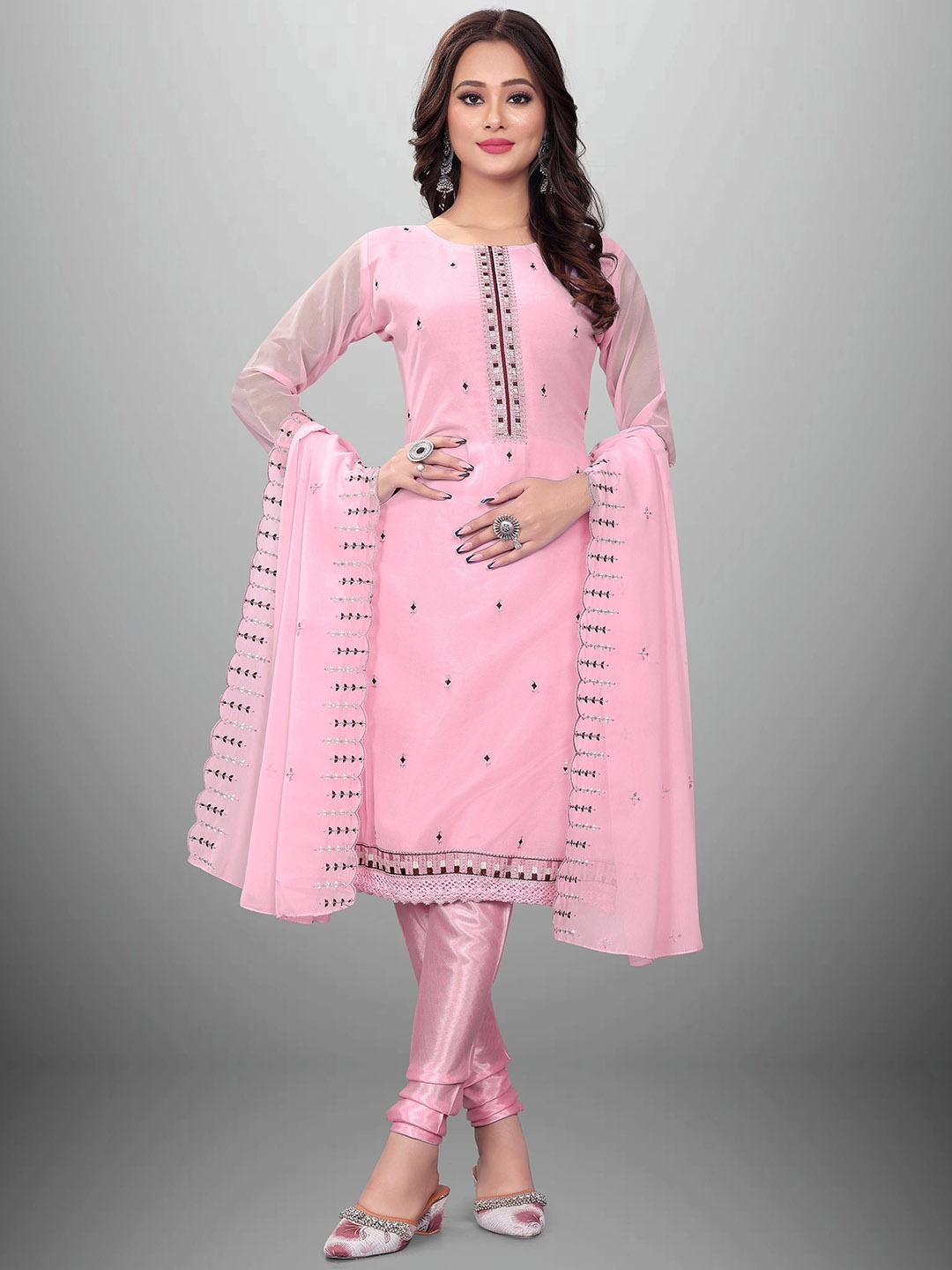 

Maroosh Embroidered Thread Work Unstitched Dress Material, Pink