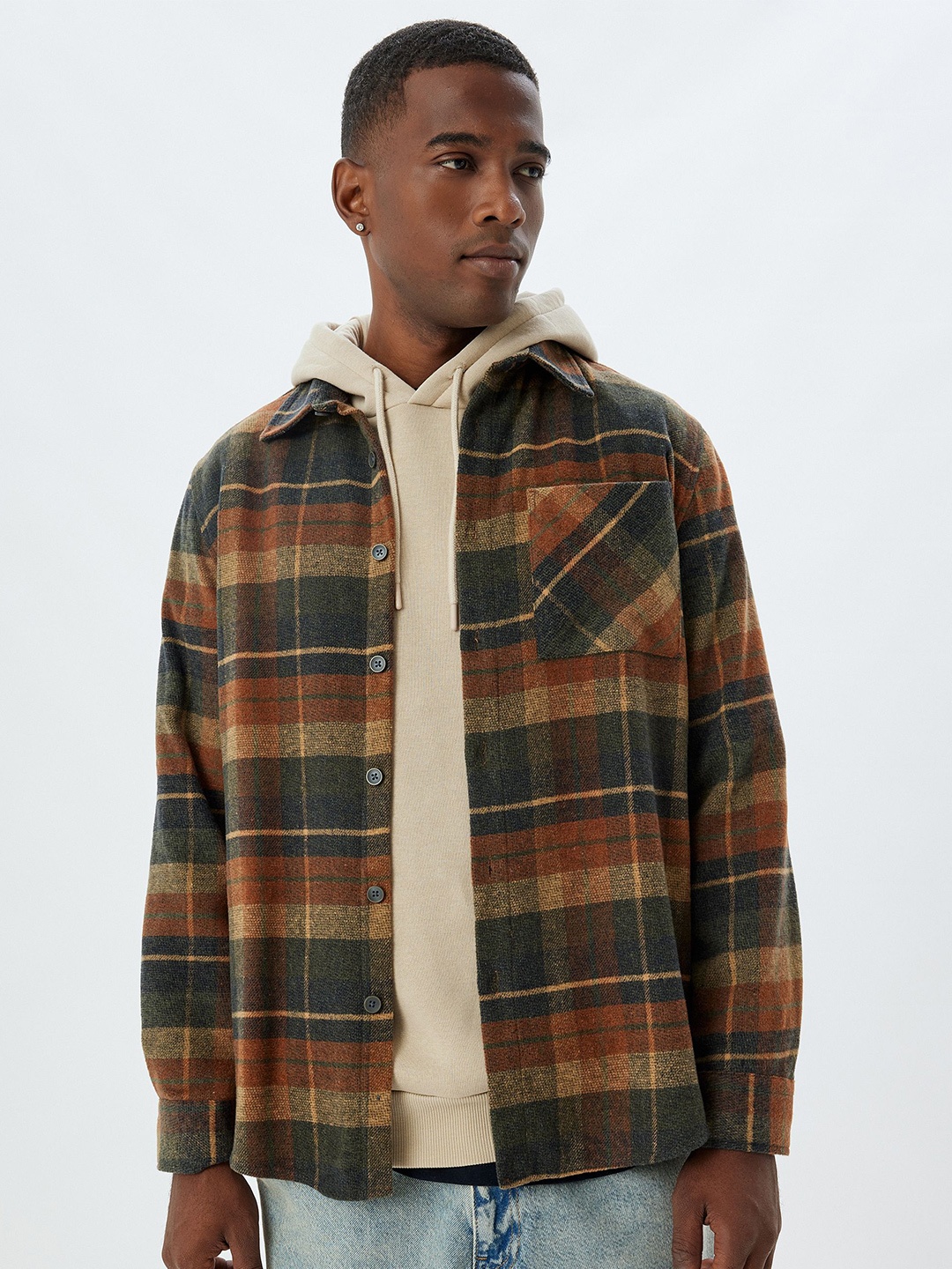 

Koton Men Spread Collar Tartan Checked Casual Shirt, Navy blue