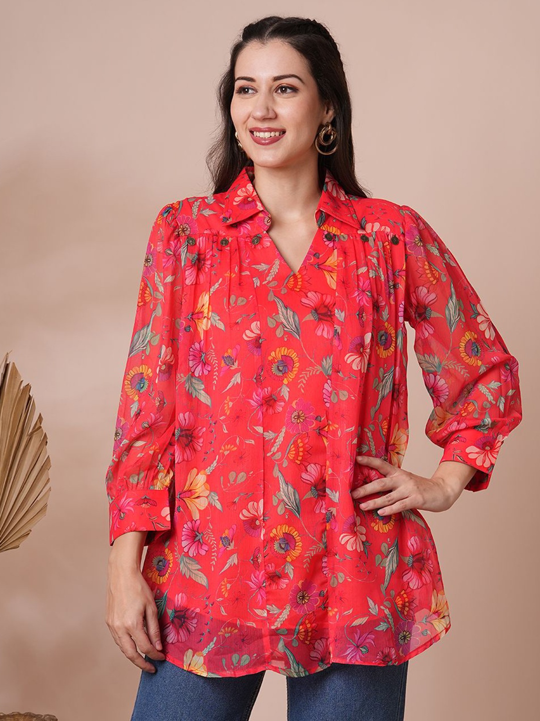 

FASHOR Floral Printed A-Line Pleated Tunic, Red