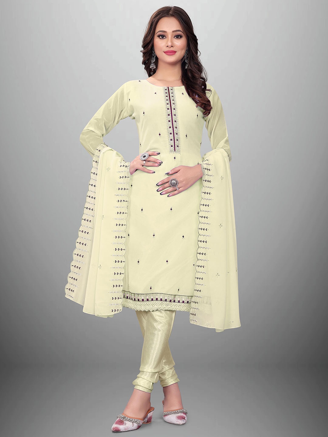 

Maroosh Floral Embroidered Georgette Unstitched Dress Material, Beige