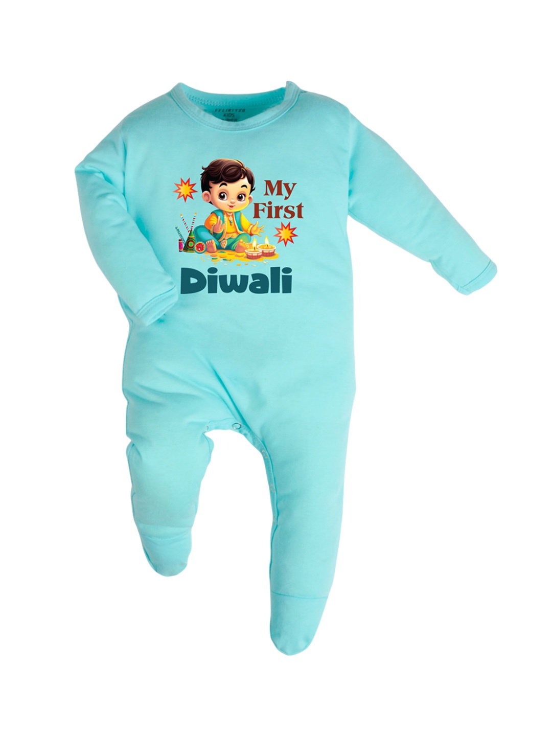 

FFLIRTYGO Infants Diwali Romper Printed Pure Cotton Baby Wear Sleepsuit, Turquoise blue