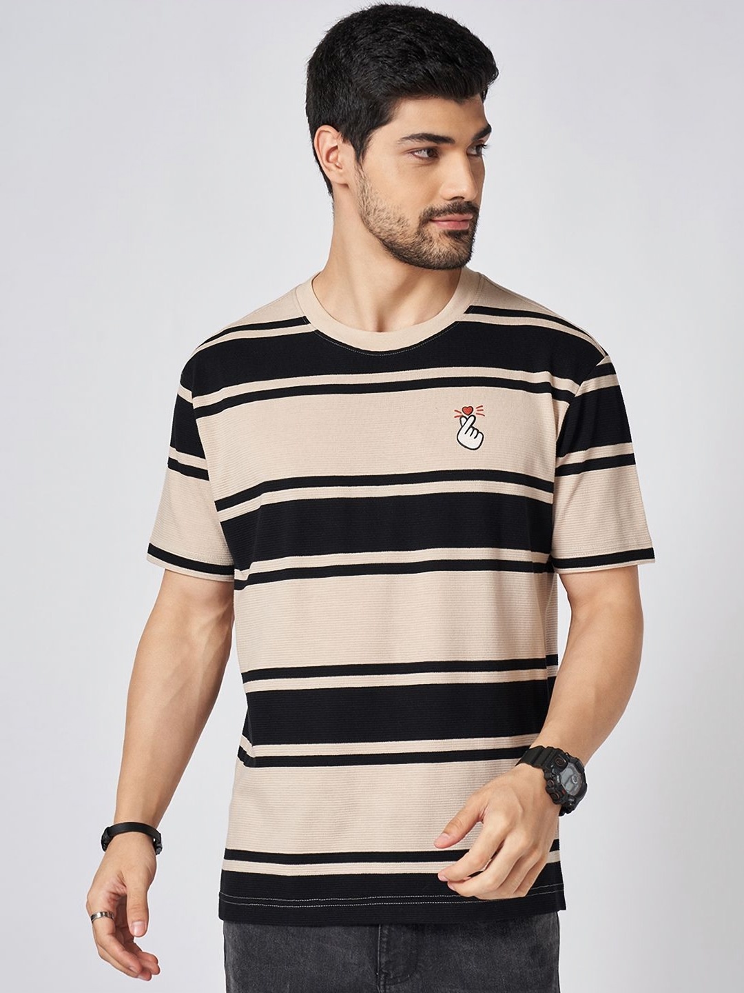 

People Men Striped Round Neck Cotton T-shirt, Beige