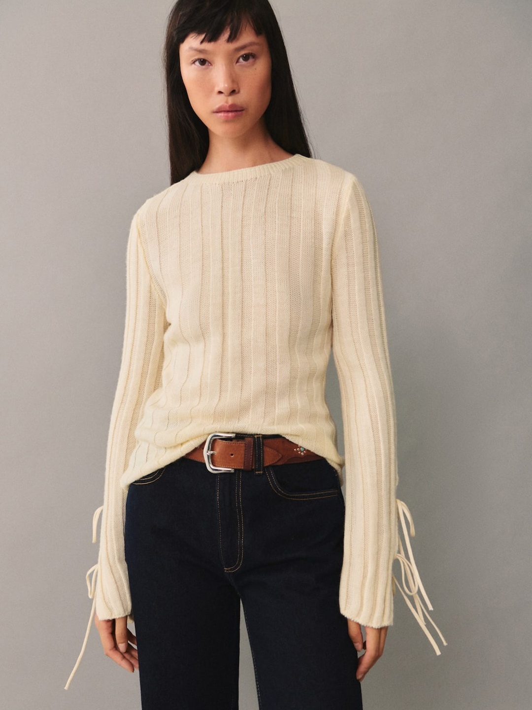 

MANGO Ribbed Sweater With Bow Detailing, Beige