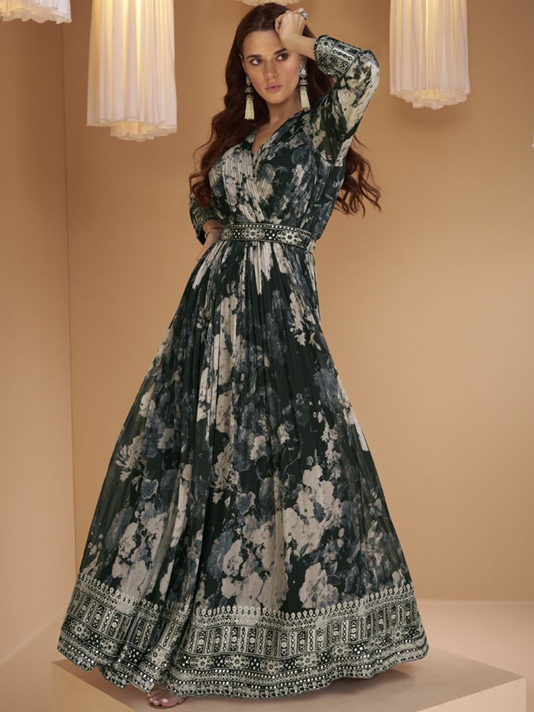 

ASISA Floral Printed Georgette Fit and Flare Ethnic Dress With Dupatta, Olive