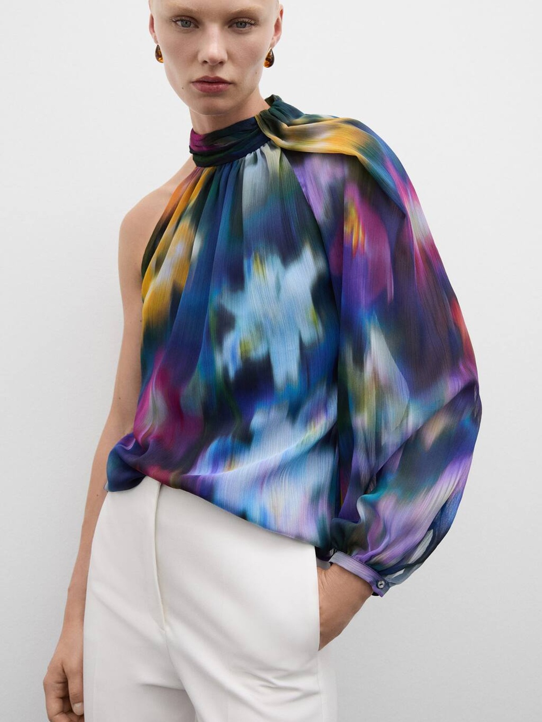 

MANGO Abstract Print One-Shoulder Top, Blue