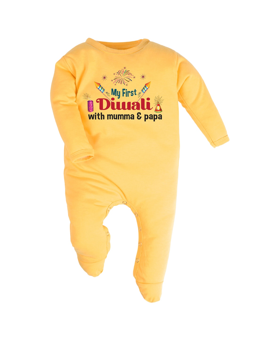 

FFLIRTYGO Infants My First Diwali Printed Cotton Sleepsuit, Yellow