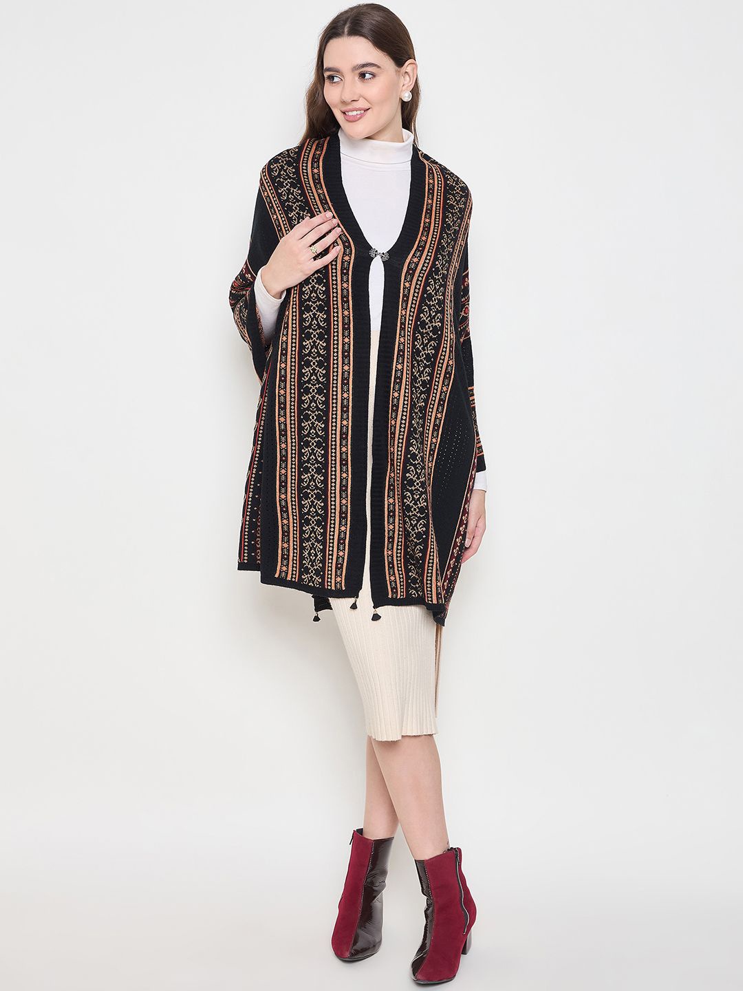 

Knitstudio Striped Printed V-Neck Poncho Sweaters, Black