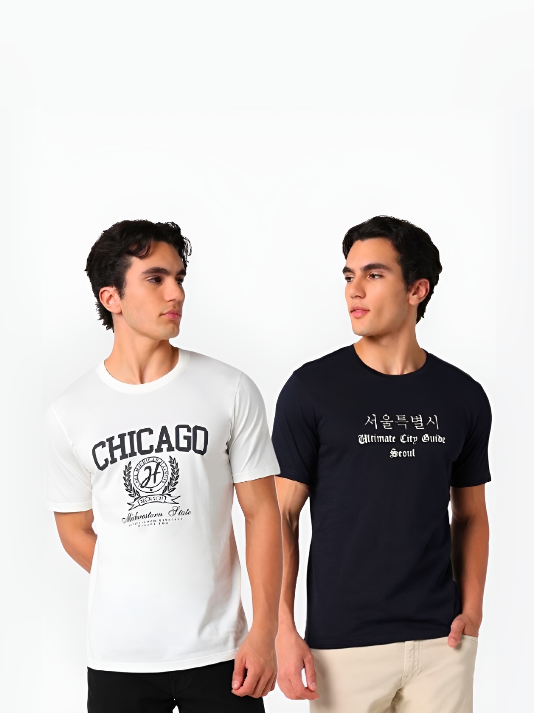 

R&B Men Pack Of 2 Typography Printed Round Neck Cotton T-shirts, White