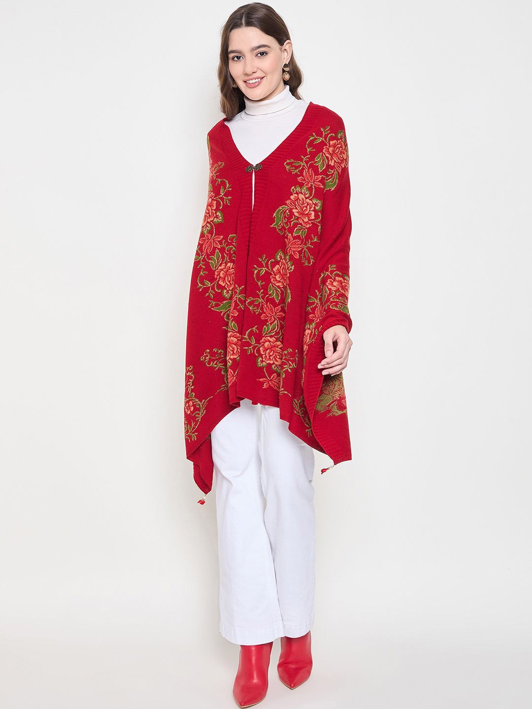 

Knitstudio Floral Woollen Longline Poncho, Red