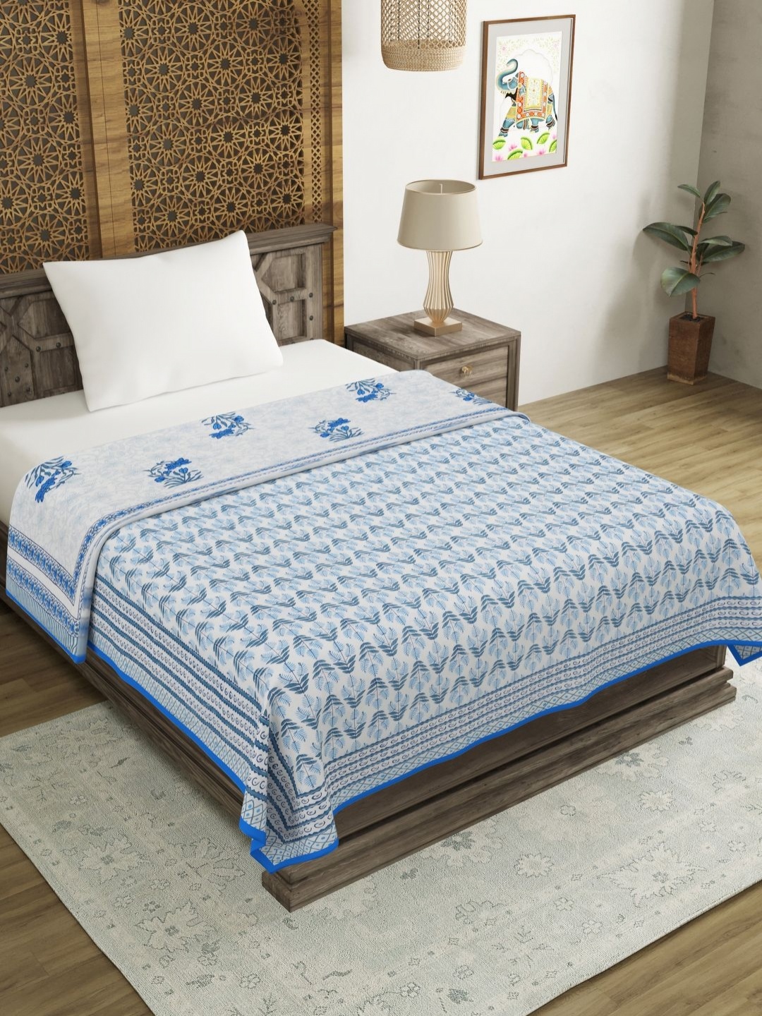 

BLOCKS OF INDIA Blue & White Ethnic Motifs AC Room 150 GSM Single Bed Dohar