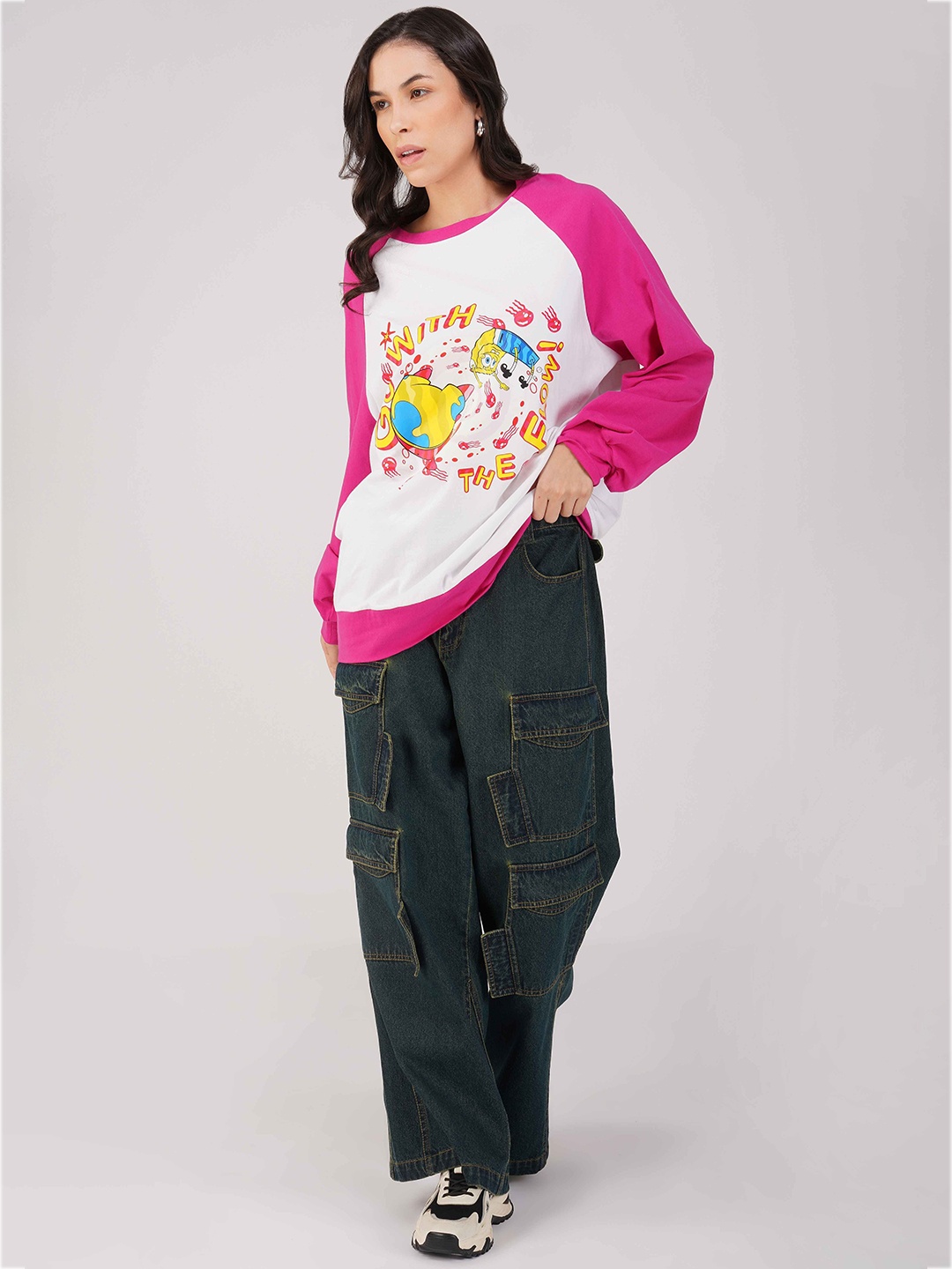 

THE CLOTHING FACTORY Women Printed Extended Sleeves Pockets T-shirt, Pink
