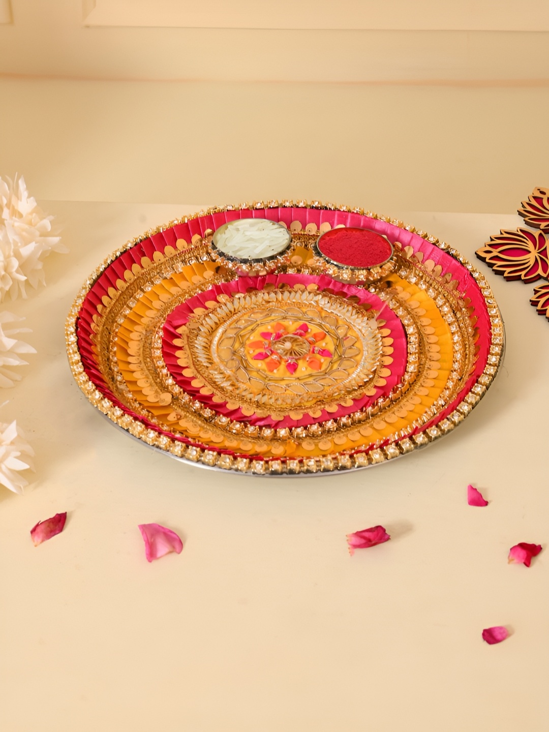 

Aapno Rajasthan Yellow & Pink Embellished Metal Puja Thali, Gold