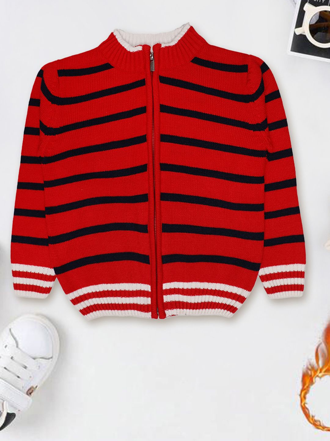 

CHKOKKO Boys Striped Woollen Cardigan, Red