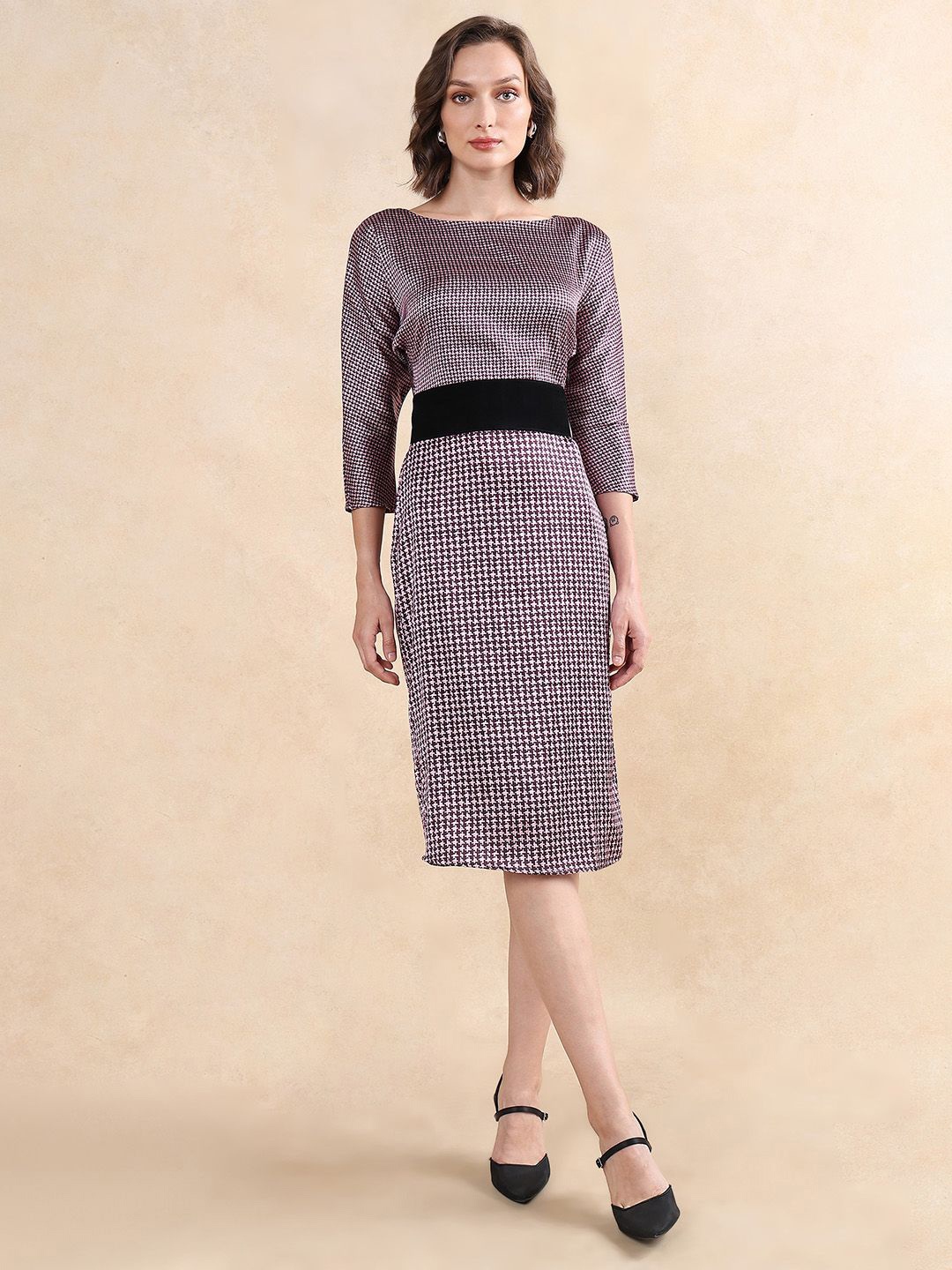 

RAREISM Geometric Printed Boat Neck Midi Sheath Dress, Purple